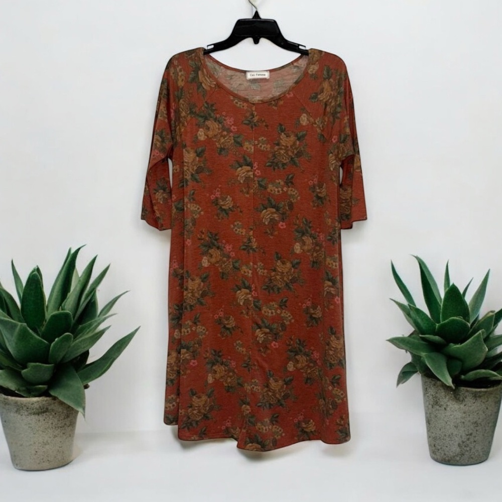 Ces Femme Casual Floral Midi Dress - Rust and Green